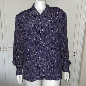 Evan Picone Vintage Navy Blue pink Abstract Print Double Breasted Blouse Size 14